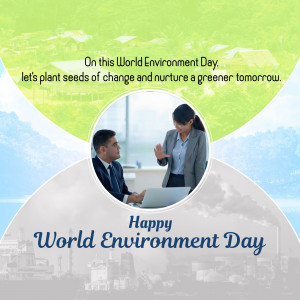 Two business professionals discussing sustainability with a green Earth background for World Environment Day.