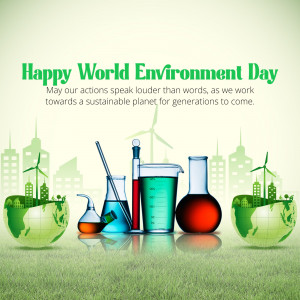 World Environment Day graphic with globe, science equipment, and cityscape