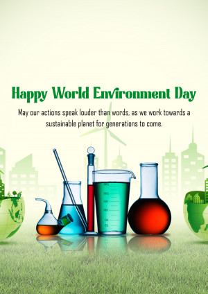 World Environment Day illustration with laboratory equipment and a sustainable cityscape.