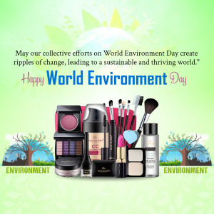 World Environment Day greeting with makeup products and environmental imagery.