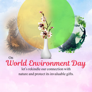 World Environment Day poster with flowers, earth elements, and a message about reconnecting with nature.