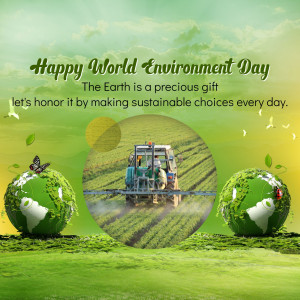 World Environment Day graphic with Earth globes and a farmer working in a field.
