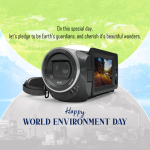 Camera on a globe with text 'Happy World Environment Day'