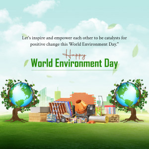 World Environment Day illustration with globes, trees, and recycling materials.