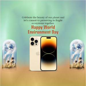 iPhone mockup with Earth in glass domes and factory pollution, promoting World Environment Day.