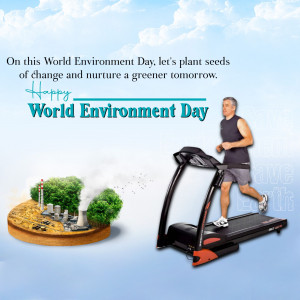 Image depicting a man running on a treadmill with a landscape representing environmental concerns and growth.