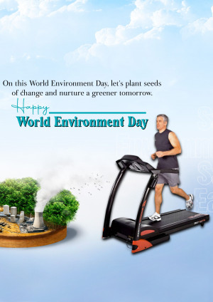 A man running on a treadmill with a background depicting environmental themes like trees, factories, and a blue sky.