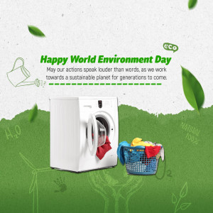 Image depicting a washing machine with laundry and green leaves, celebrating World Environment Day.