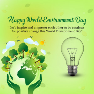 World Environment Day graphic with a globe, tree, lightbulb, and hands