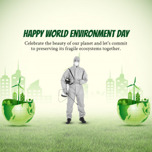 Image depicting a person in a protective suit spraying a pesticide near a globe with a cityscape, celebrating World Environment Day.