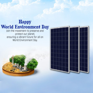 Image depicting solar panels and a green landscape with the text 'Happy World Environment Day'