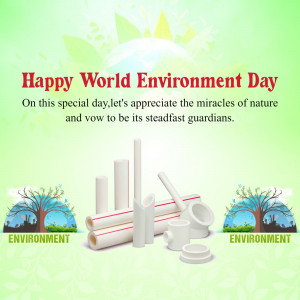 World Environment Day greeting with trees, pipes, and a sunburst.