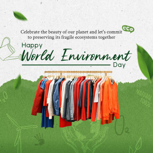 World Environment Day graphic with clothes on a rack and eco-friendly elements.