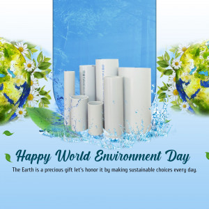 Image depicting PVC pipes with floral elements and a water splash, celebrating World Environment Day.