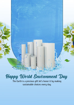 Image depicting white PVC pipes with water splashes and flowers, celebrating World Environment Day.