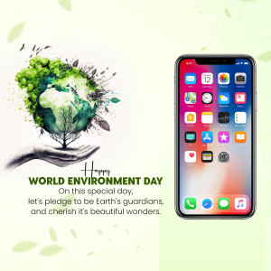 Smartphone displaying a World Environment Day message with a globe and tree illustration.