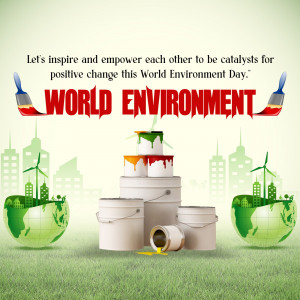 World Environment Day graphic with paint buckets and a green cityscape.