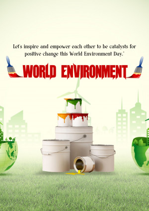 World Environment Day poster with paint cans, wind turbines, and a cityscape.