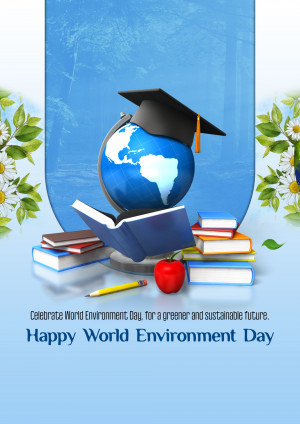 Globe, graduation cap, books, and apple representing education and environmental awareness for World Environment Day.