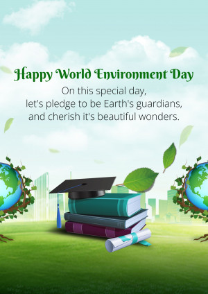 World Environment Day graphic with books, graduation cap, and Earth globes.