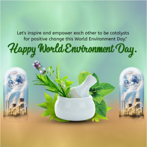 World Environment Day greeting with plants and a mortar and pestle