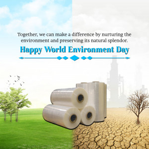 Image depicting a contrast between a lush green environment and a barren landscape, with rolls of plastic packaging in the foreground, promoting environmental awareness.