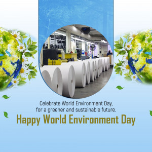 Image depicting paper rolls with a World Environment Day message and eco-friendly elements.