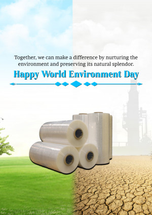 World Environment Day graphic with plastic rolls and a split landscape representing environmental impact.