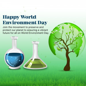 World Environment Day graphic with Earth, trees, and science beakers