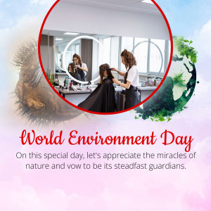 Hair salon scene with a World Environment Day message
