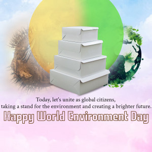 Stacked cardboard boxes with a globe and nature background for World Environment Day
