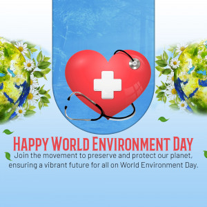 Red heart with a stethoscope and medical cross on a blue and green background with flowers, celebrating World Environment Day.