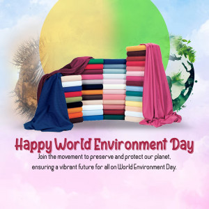 Stack of colorful fabrics with a nature background and text 'Happy World Environment Day'