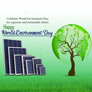 World Environment Day graphic with solar panels and a tree on a globe
