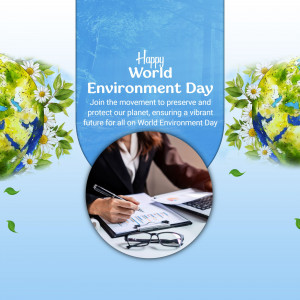 World Environment Day graphic with a woman working and nature elements