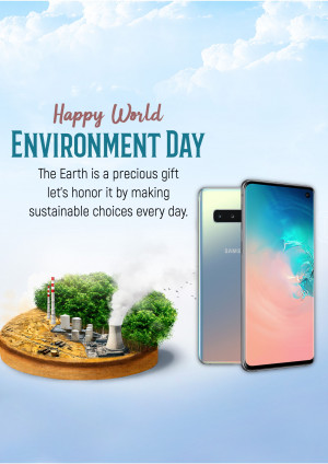 World Environment Day graphic featuring a Samsung phone and a miniature landscape.