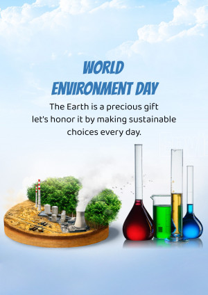 World Environment Day poster with laboratory equipment and a landscape