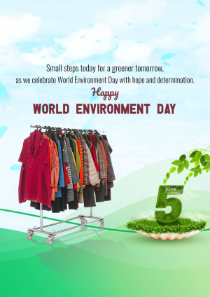 World Environment Day graphic with clothes on a rack and a green leaf.