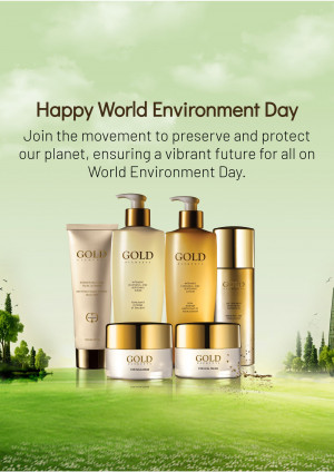 Gold cosmetics products arranged with a green environment background for World Environment Day.