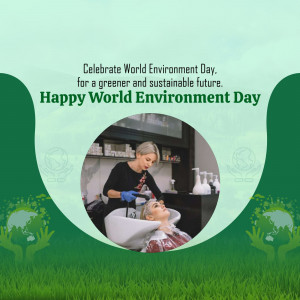 Image depicting a woman getting her hair washed in a salon with a World Environment Day theme.