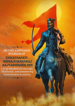 Image of Chhatrapati Shivaji Maharaj on horseback with the Bhagwa Jhanda (saffron flag)