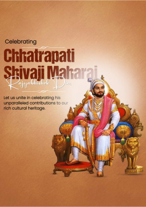 Image of Chhatrapati Shivaji Maharaj on his throne with a celebratory background.