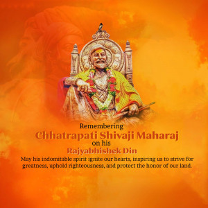 Portrait of Chhatrapati Shivaji Maharaj with a saffron background and text commemorating his Rajyabhishek Din.