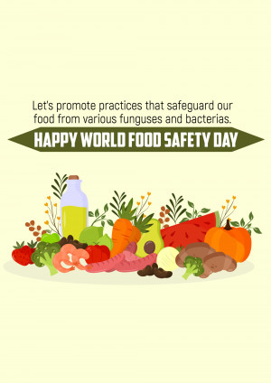 Illustration of fresh produce and a message promoting food safety.