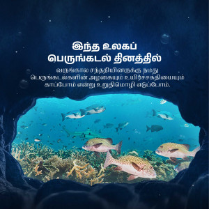 View of a vibrant coral reef through a cave opening, with various fish species.