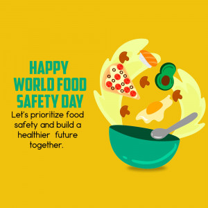 Illustration for World Food Safety Day featuring various food items and text.
