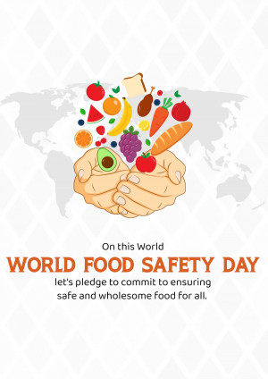 Illustration depicting hands holding various fruits and vegetables over a world map with text 'World Food Safety Day'