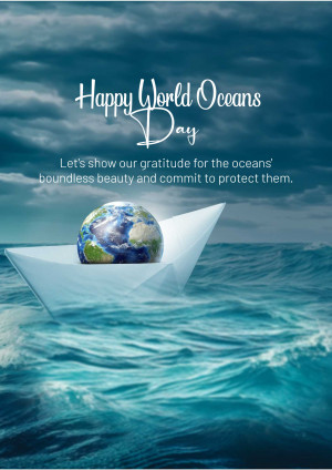 Paper boat carrying the Earth on a stormy ocean for World Oceans Day
