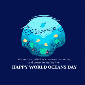 Illustration of marine life inside a globe shape with text 'Happy World Oceans Day'