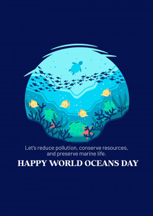 Illustration of marine life inside a circular frame with text promoting ocean conservation.